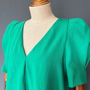 Zara Emerald Green Midi Dress | Size XS |‎ Puff Sleeve V-Neck Minimalist
